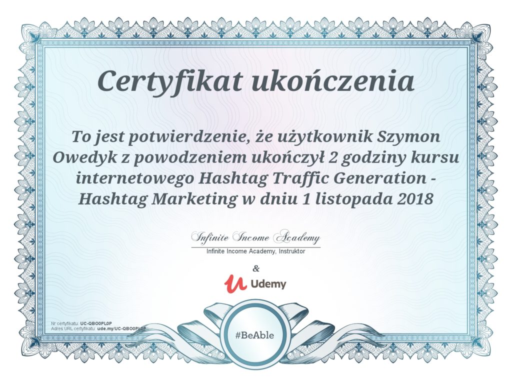 certyfikat ukończenia szkolenia Hashtag Marketing 1 listopad 2018 - Szymon Owedyk
